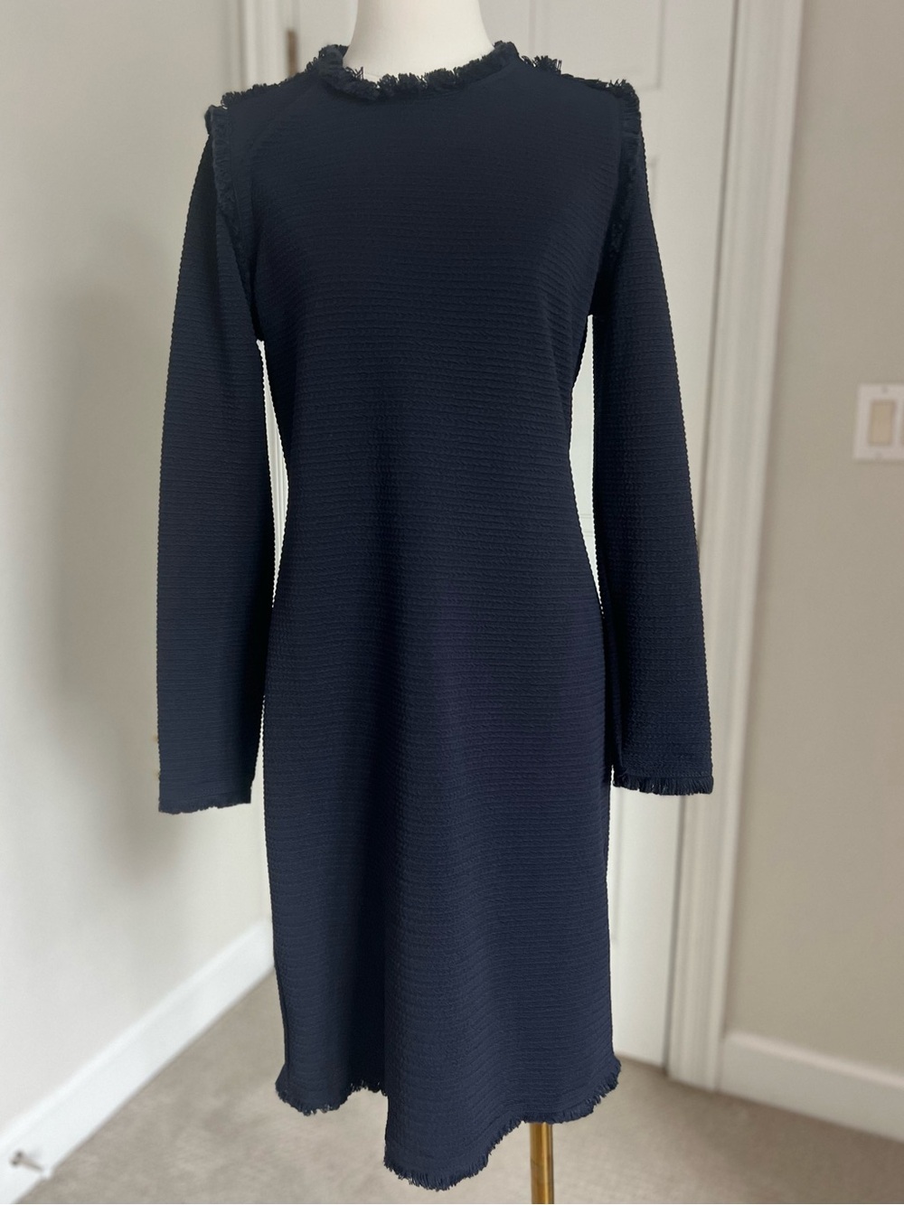 Joseph Ribkoff Navy Blue Textured Shift Dress Fringe Trim Long Sleeve Size 12